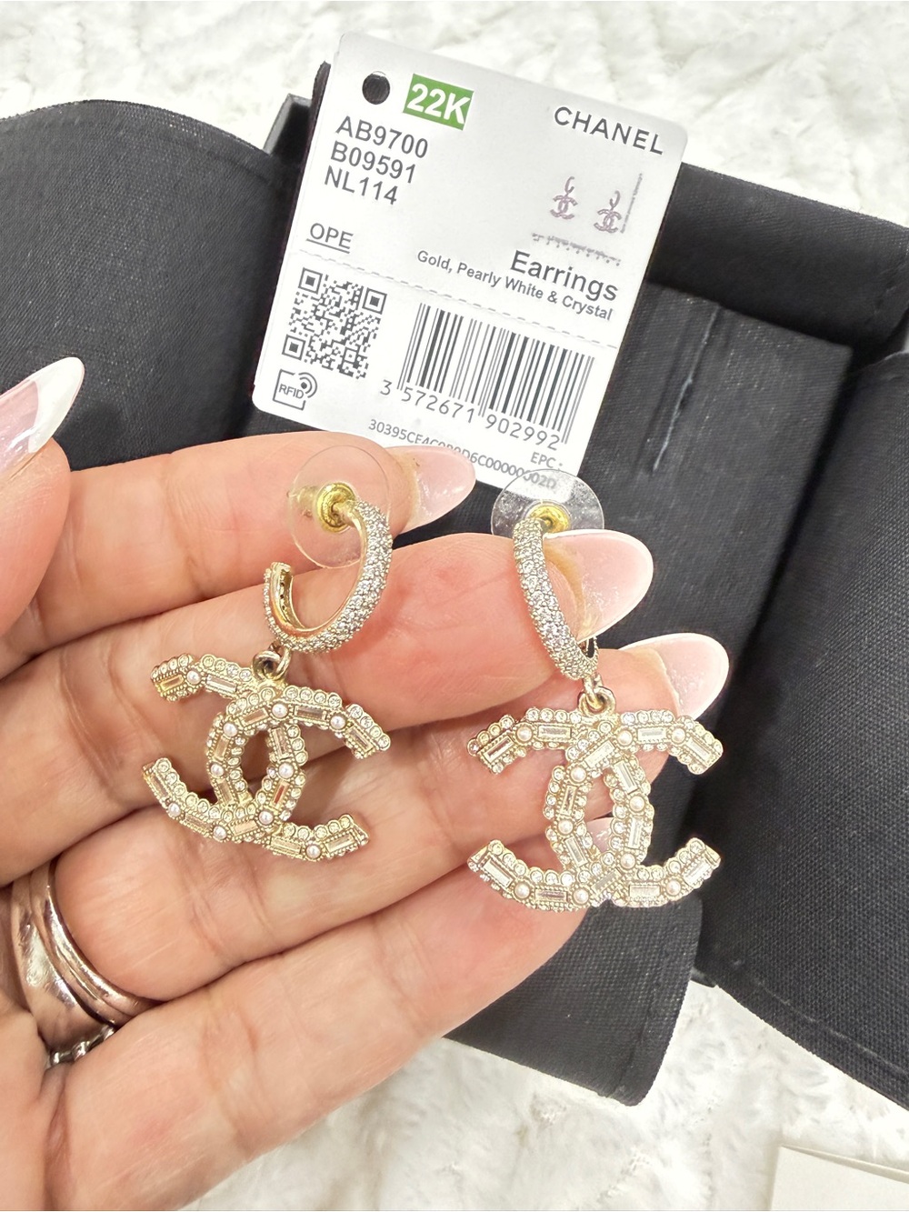 CHANEL Gold and Pearly White Crystal CC Drop Earrings NIB